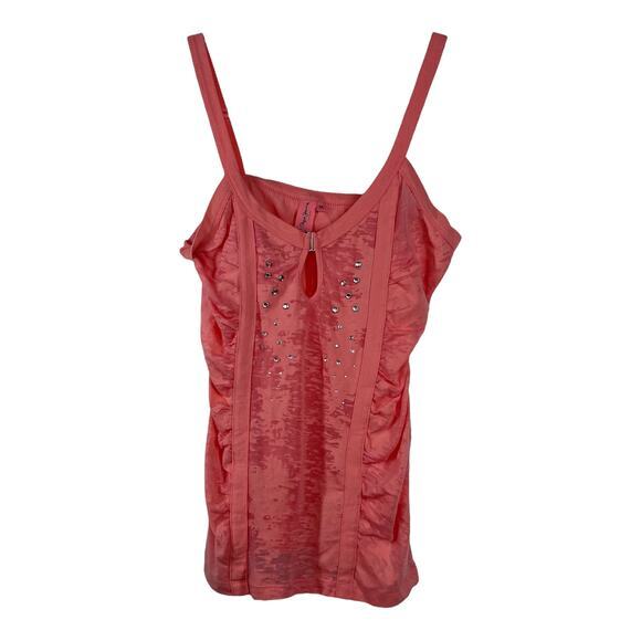 Pepe Jeans Embellished Tank Top Ruched Sleeveless Rhinestone‎ Medium Pink Coral - Picture 1 of 4